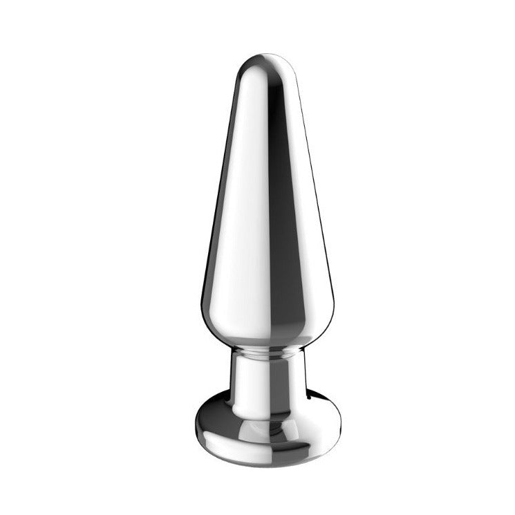 Metallic cone-shaped anal plug on a white background