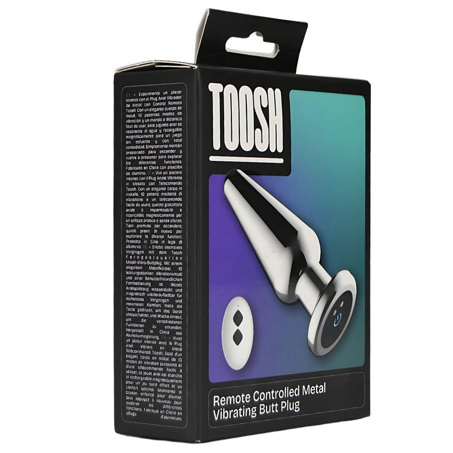 Box of a remote-controlled metal vibrating butt plug with 'TOOSH' branding on a white background.