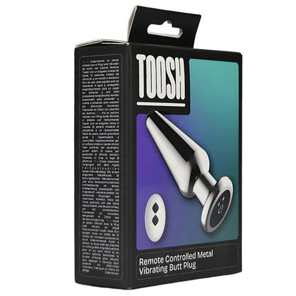 Box of a remote-controlled metal vibrating butt plug with 'TOOSH' branding on a white background.