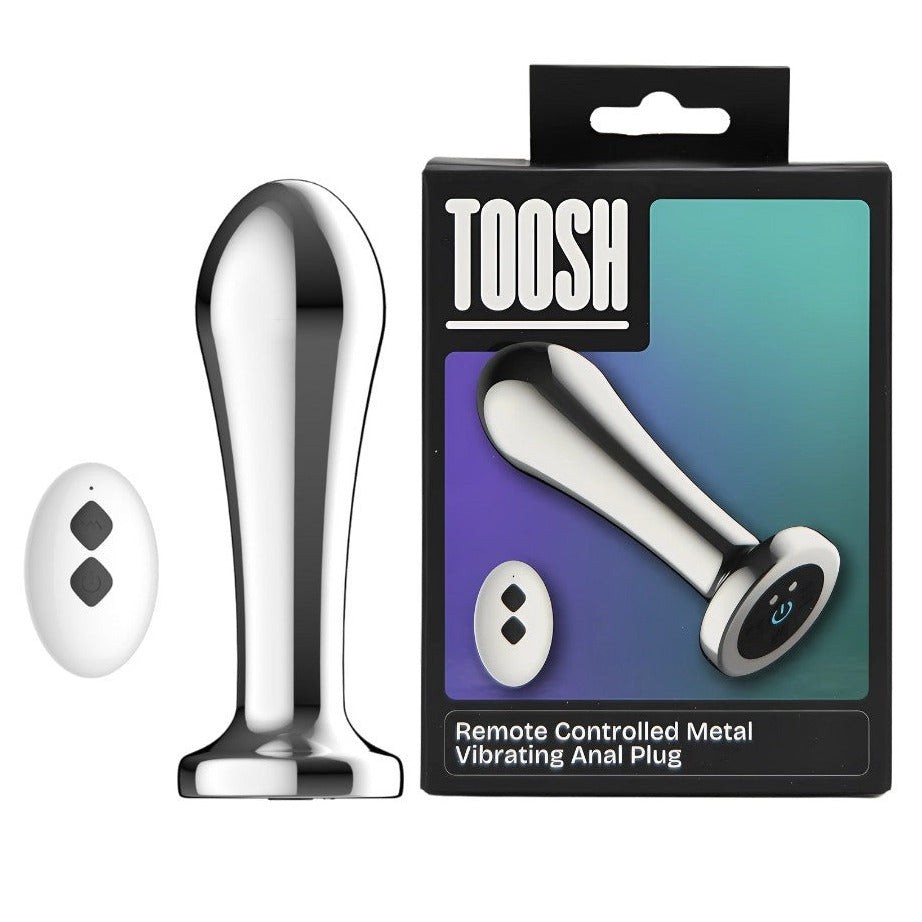 Metallic remote-controlled vibrating anal plug with packaging labeled 'TOOSH' on a white background.