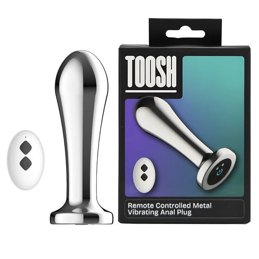 Metallic remote-controlled vibrating anal plug with packaging labeled 'TOOSH' on a white background.