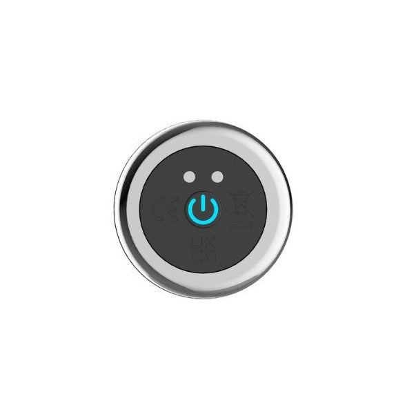 Round power button with a blue light on a white background