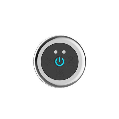 Round power button with a blue light on a white background