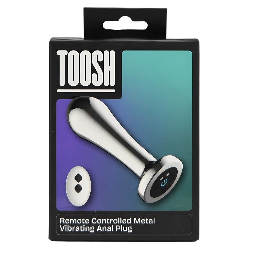 Packaging of a remote-controlled metal vibrating anal plug with 'TOOSH' branding.