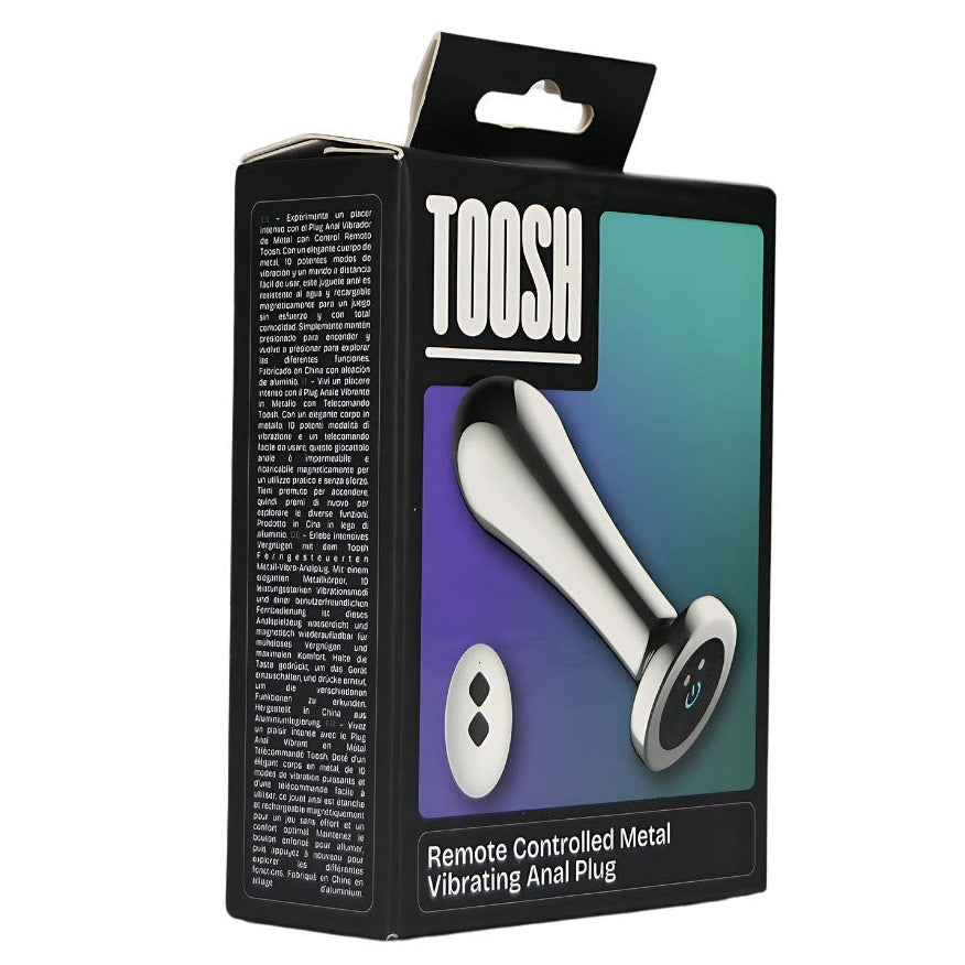Package of a remote-controlled metal vibrating anal plug with 'TOOSH' branding.