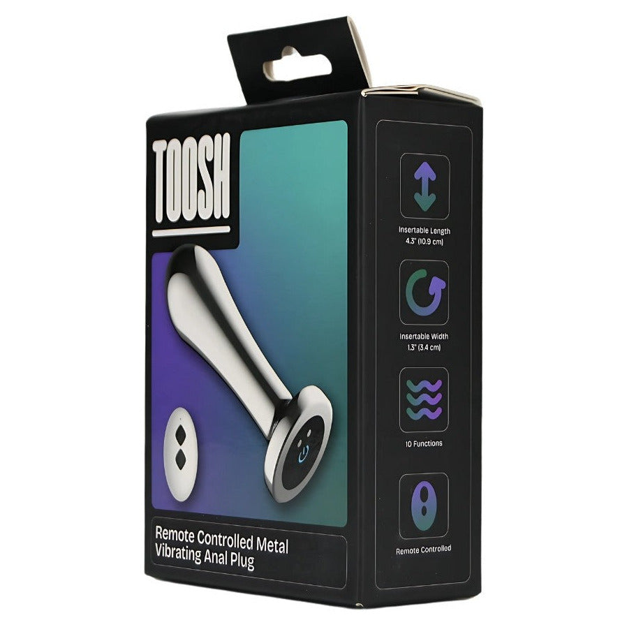 Package of a remote-controlled metal vibrating anal plug with 'TOOSH' branding.