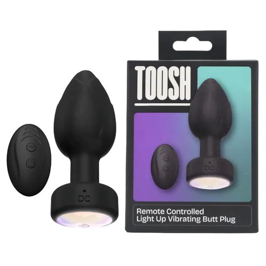Black remote-controlled light-up vibrating butt plug with packaging displaying 'TOOSH' brand.