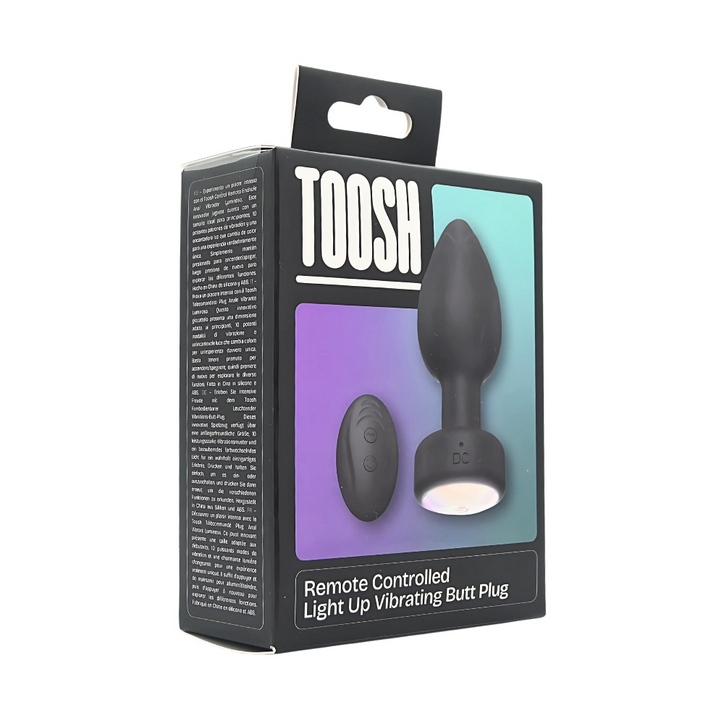 Box of a remote-controlled light-up vibrating butt plug with 'TOOSH' branding.