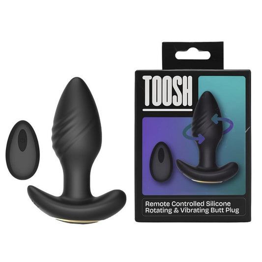 Black remote-controlled silicone rotating and vibrating butt plug with packaging on a white background