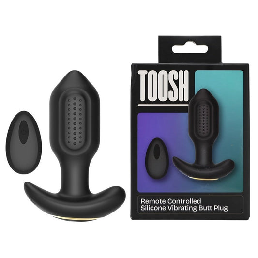 Black remote-controlled silicone vibrating butt plug with packaging on a white background