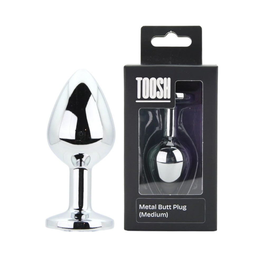 Metal butt plug with packaging displaying 'TOOSH' brand on a white background