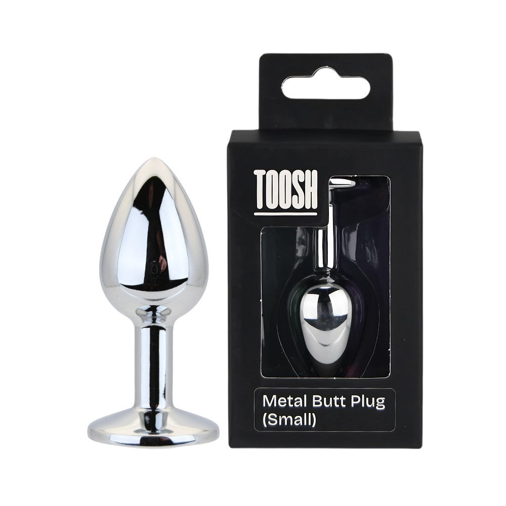 Metal butt plug with packaging labeled 'TOOSH' on a white background