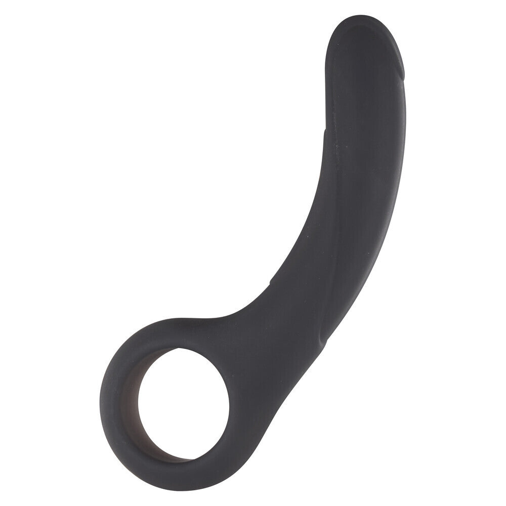 Black silicone anal probe on a white background