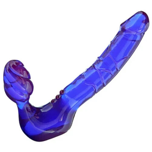 Blue and purple double end strap-on dildo on a white background