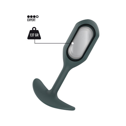 Gray weighted anal plug with a white component on a white background