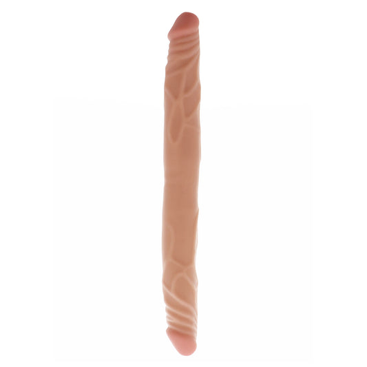 Silicone double end dildo with textured design on a white background