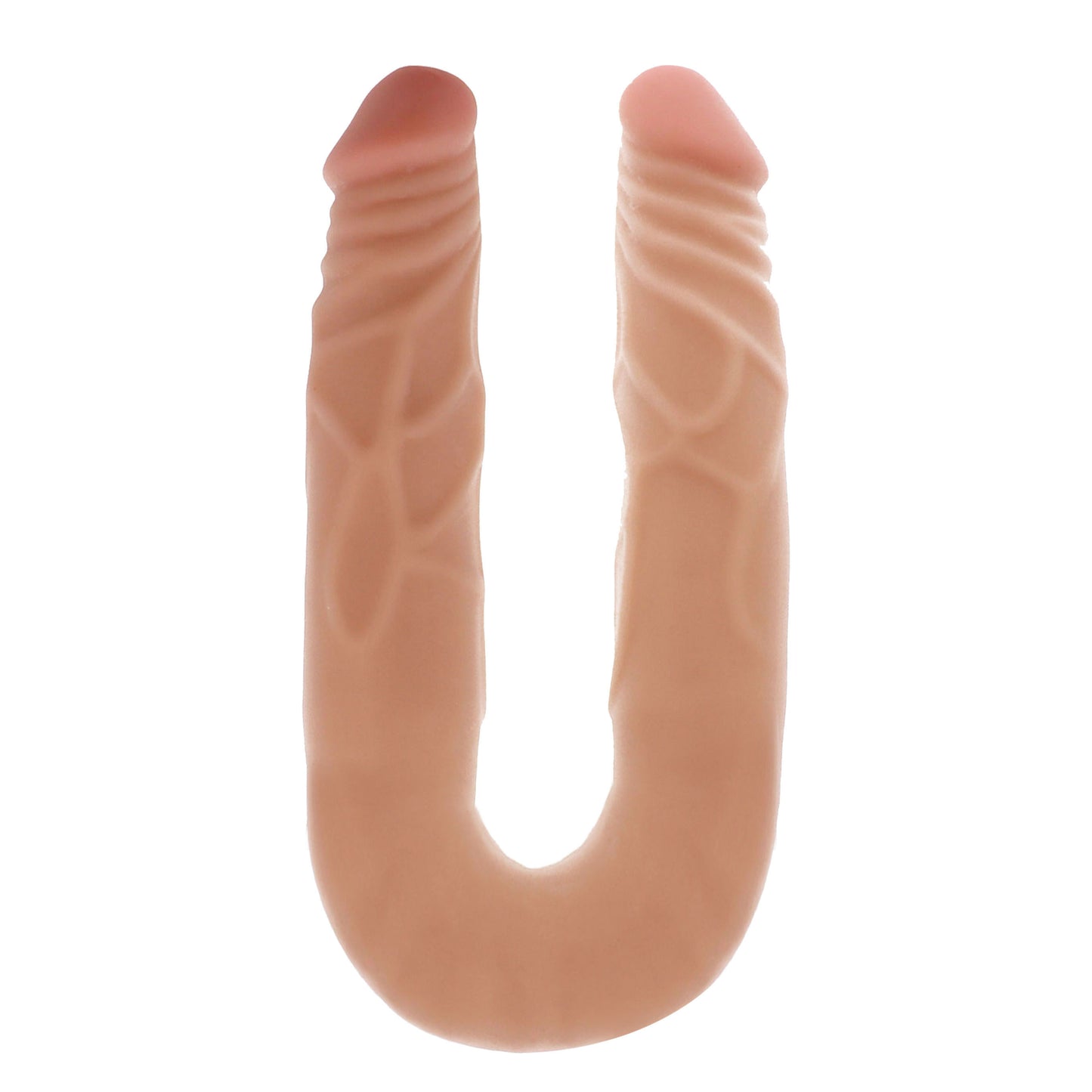 Silicone double end dildo with a U-shaped design on a white background