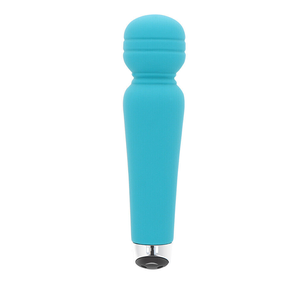 Turquoise handheld massager on a white background