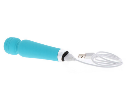 Turquoise handheld device with a USB cable on a white background