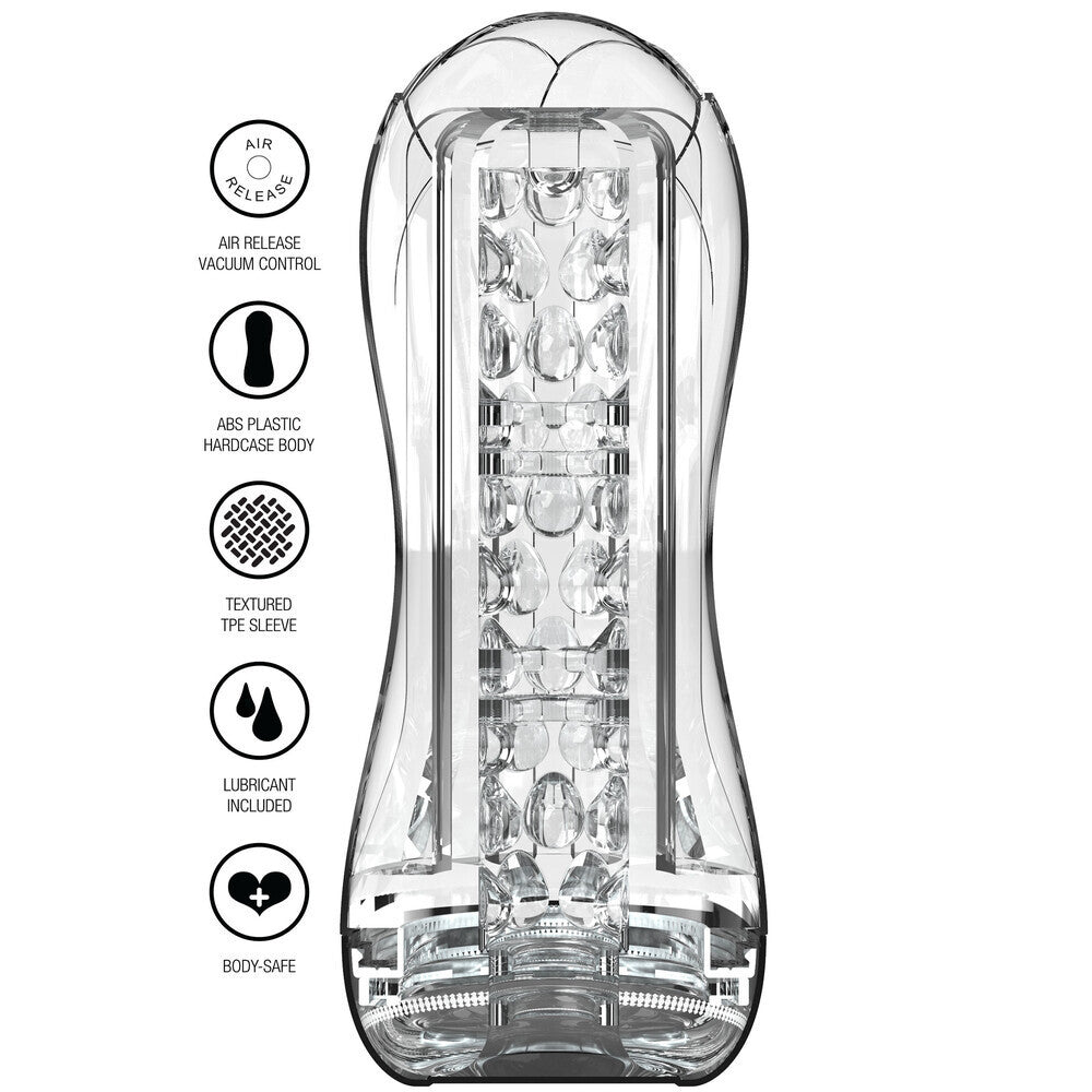 Clear plastic product with text labels on a white background