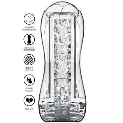 Clear plastic product with text labels on a white background