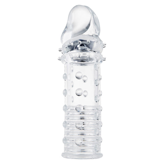 ToyJoy Power Stud Sleeve Clear 6 Inch Dotted Ribbed Penis Extender on a white background