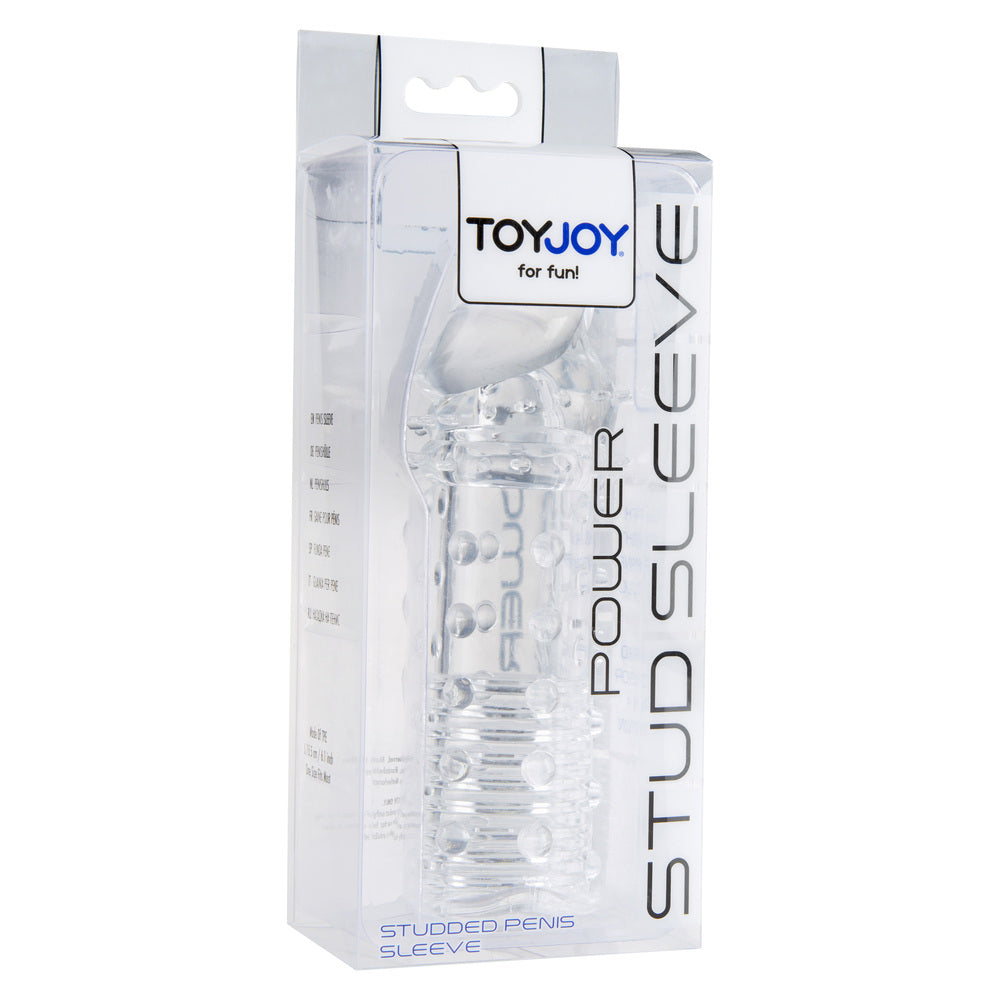 ToyJoy Power Stud Sleeve Clear 6 Inch Dotted Ribbed Penis Extender packaging on a white background