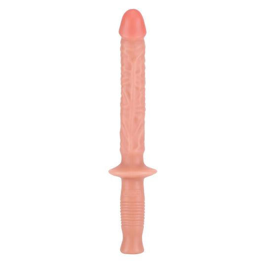 Pink silicone dildo with textured design on a white background