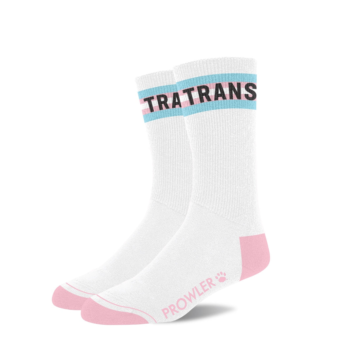 White sock with blue and pink accents and text on a white background