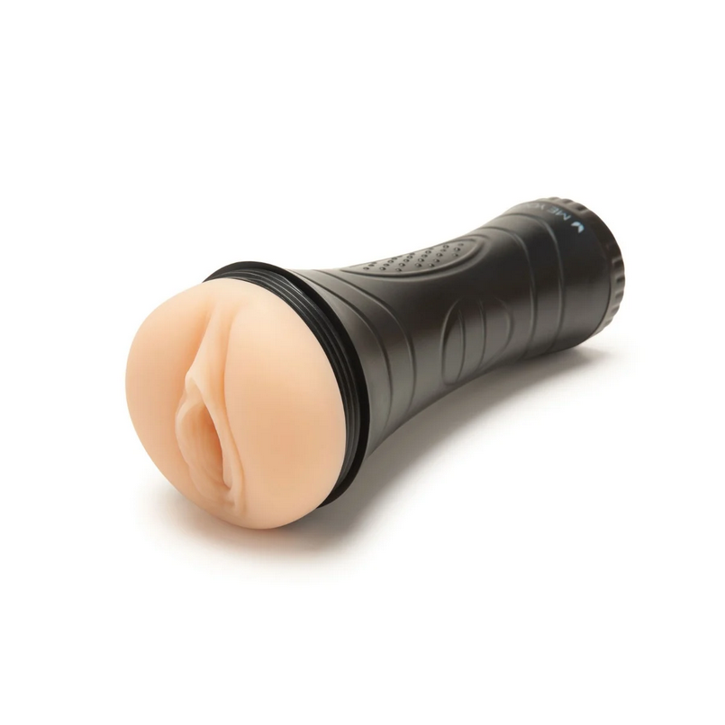 Black flashlight shaped masturbator on a white background