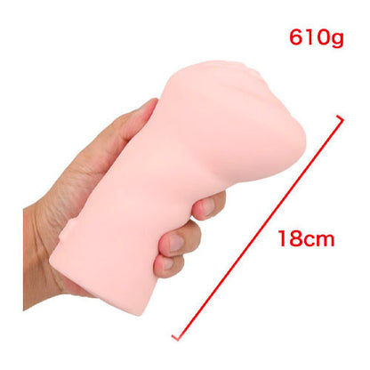 Hand holding a pink pussy masturbator with measurements on a white background