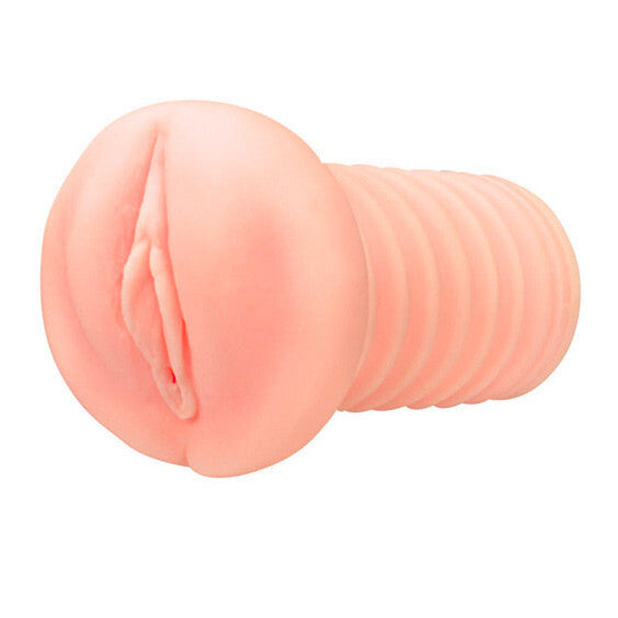 Pink silicone realistic masturbator on a white background
