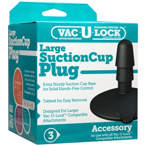Vac-U-Lock Large Suction Cup Plug packaging with black plug illustration on teal and white background
