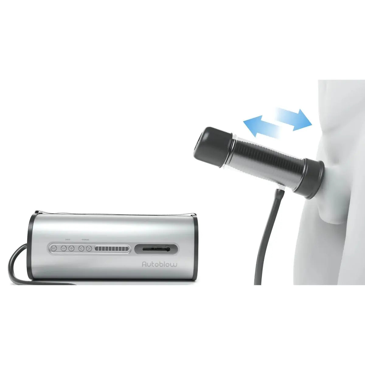 Portable air suction masturbator device with a hose attachment on a white background