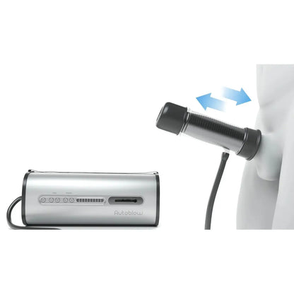 Portable air suction masturbator device with a hose attachment on a white background