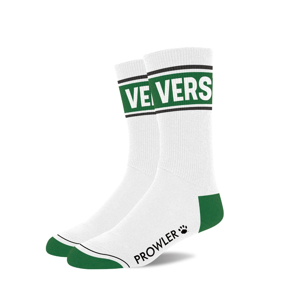 White socks with green accents and 'Prowler' branding on a white background
