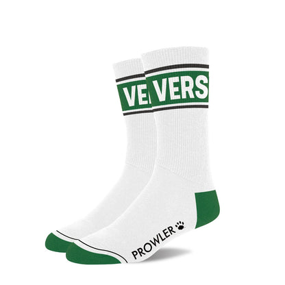 White socks with green accents and 'Prowler' branding on a white background