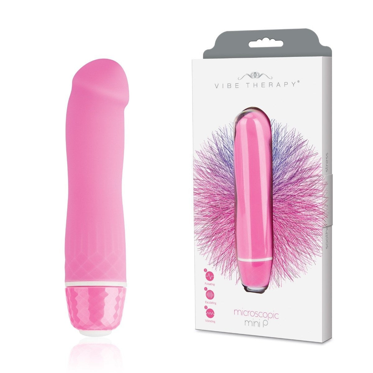 Pink handheld vibrator with packaging on a white background