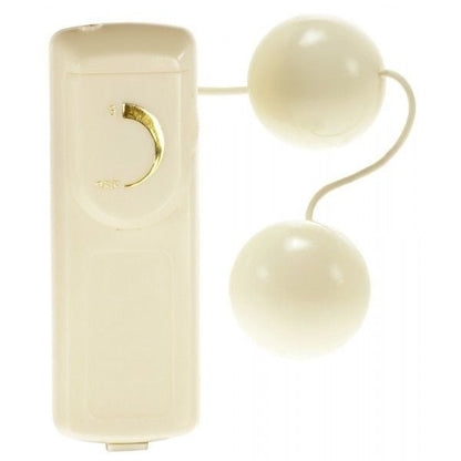 Cream-colored vibrating kegel balls with spherical design on a white background