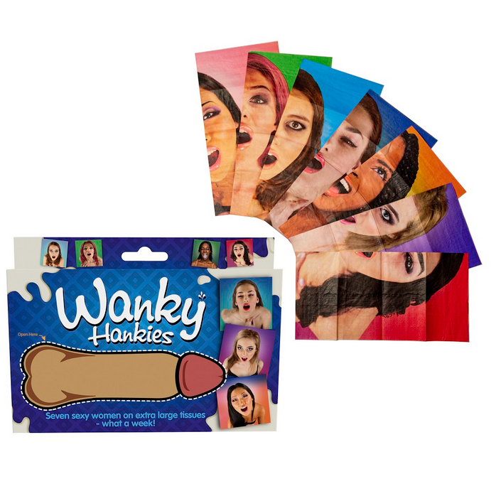 Pack of Wanky Hankies with colorful packaging featuring women's faces on a white background.