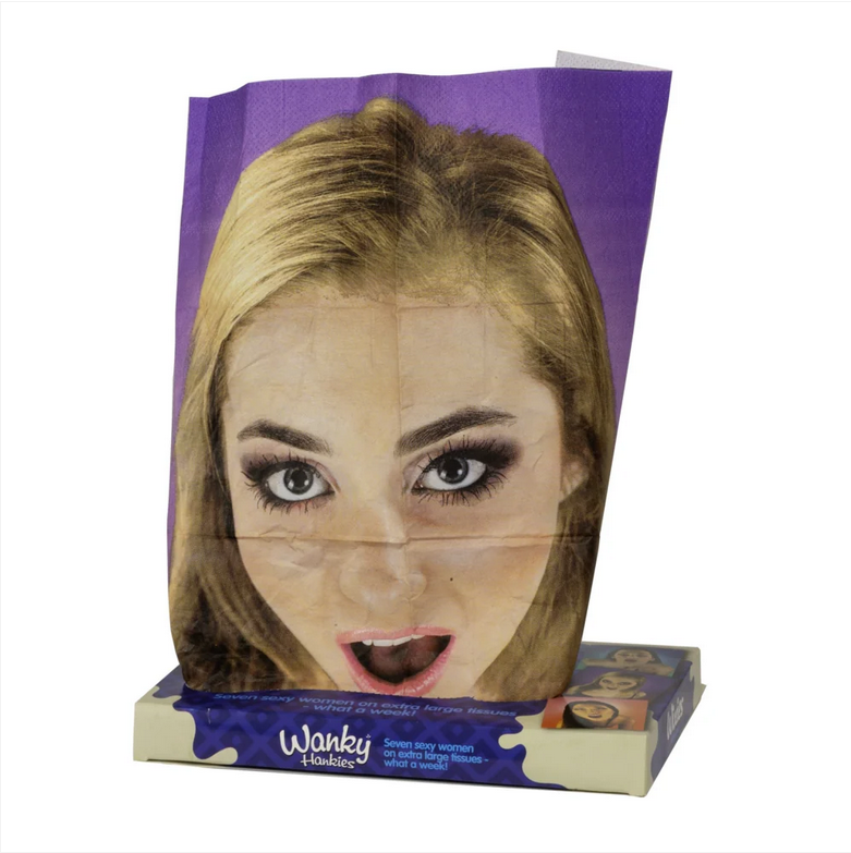 Cardboard cutout of a woman's face with 'Wanky' branding on a white background