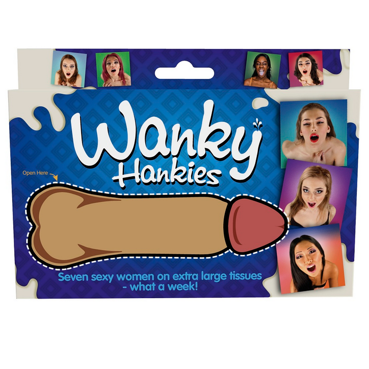 Packaged product labeled 'Wanky Hankies' with images of women on a blue background.