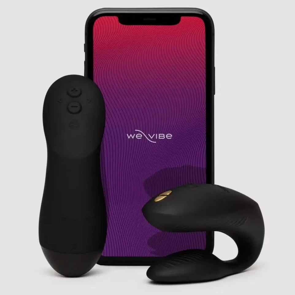 Black electronic device with 'we-vibe' branding on a smartphone displaying the same brand.