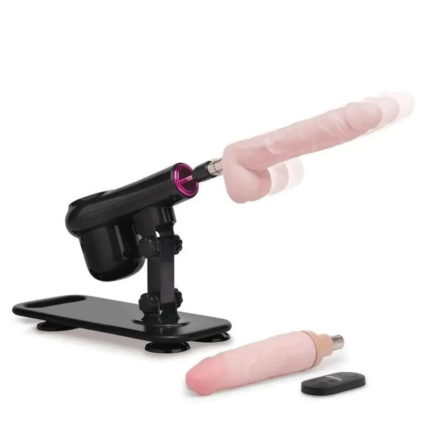 Black sex machine with pink dildos on a white background