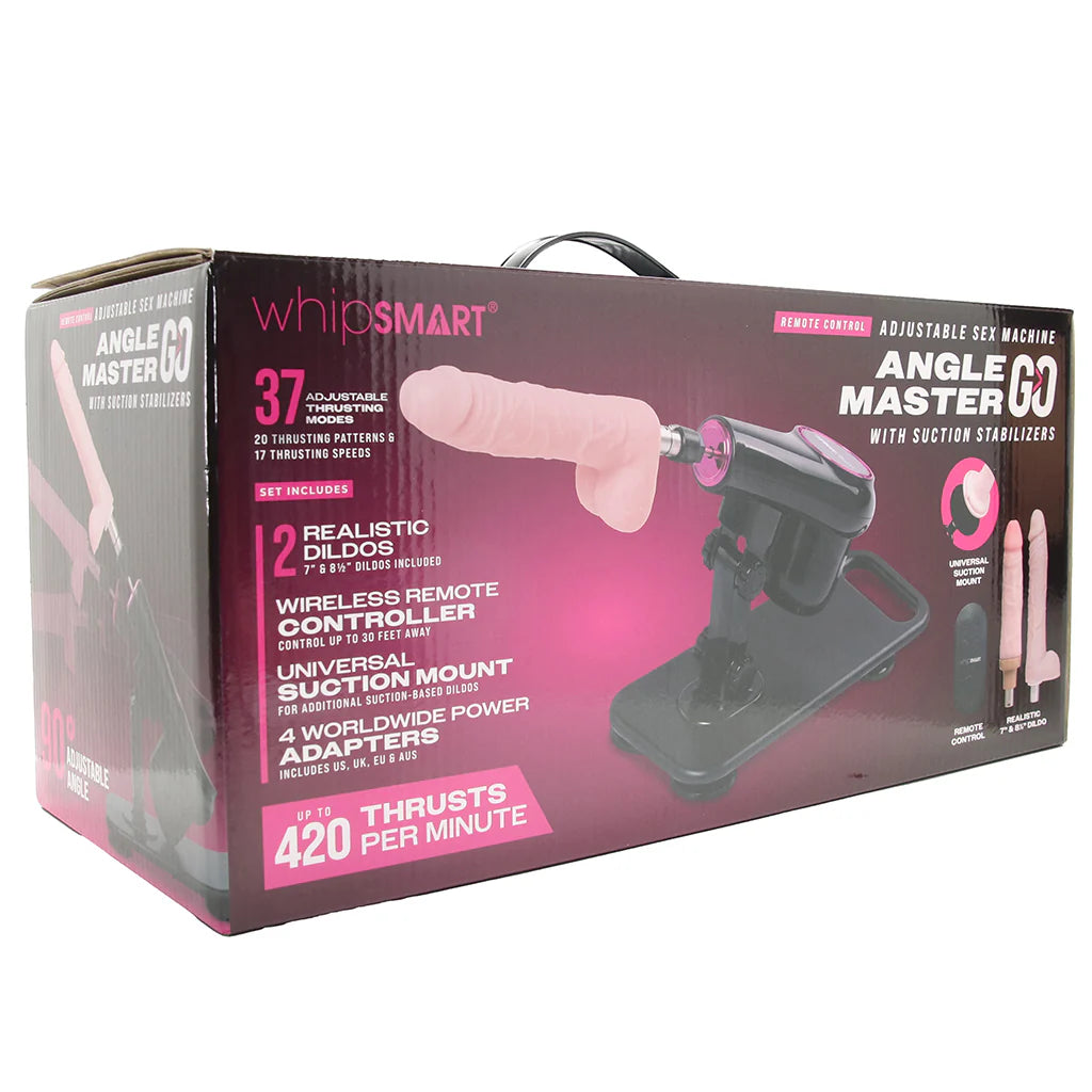 Black sex machine with pink dildos packaging on a white background