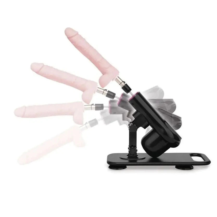 Sex Machine with a pink dildo on a white background