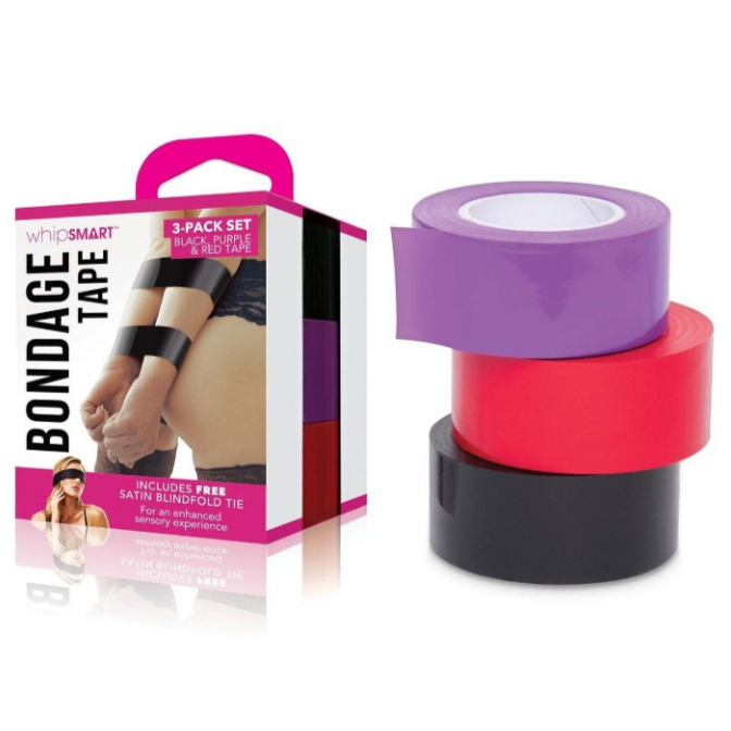 Purple, red, and black bondage tape with packaging on a white background
