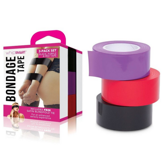 Purple, red, and black bondage tape with packaging on a white background