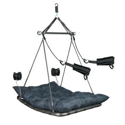 Hanging chair with blue cushion on a white background