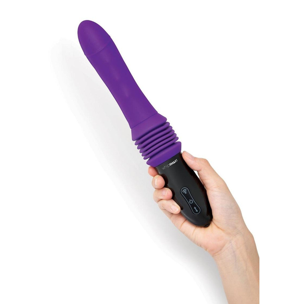 Purple and black electronic device held massager in a hand on a white background